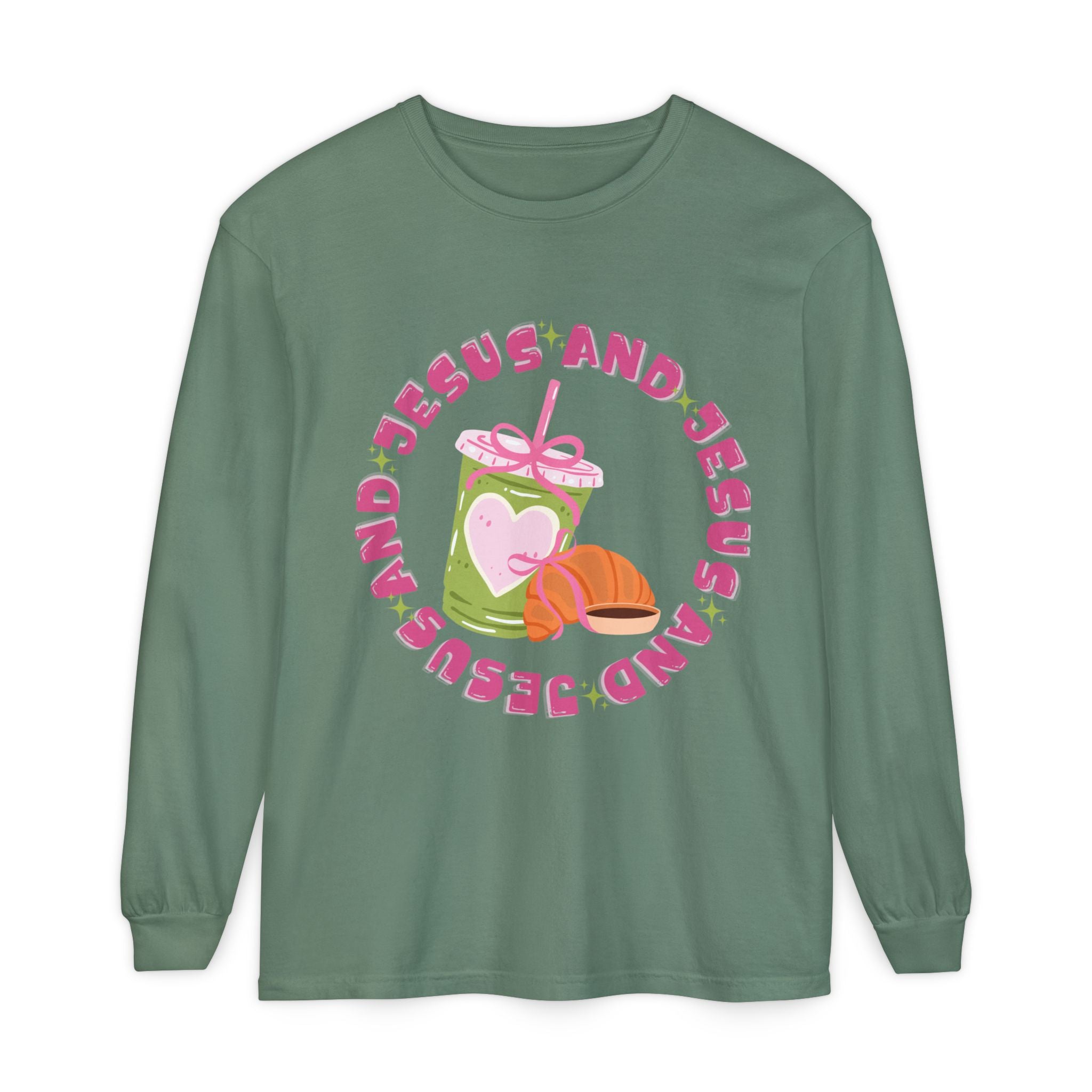 Jesus and Matcha Long Sleeve T-Shirt — Christian Graphic Tee with Cute Pastry Design