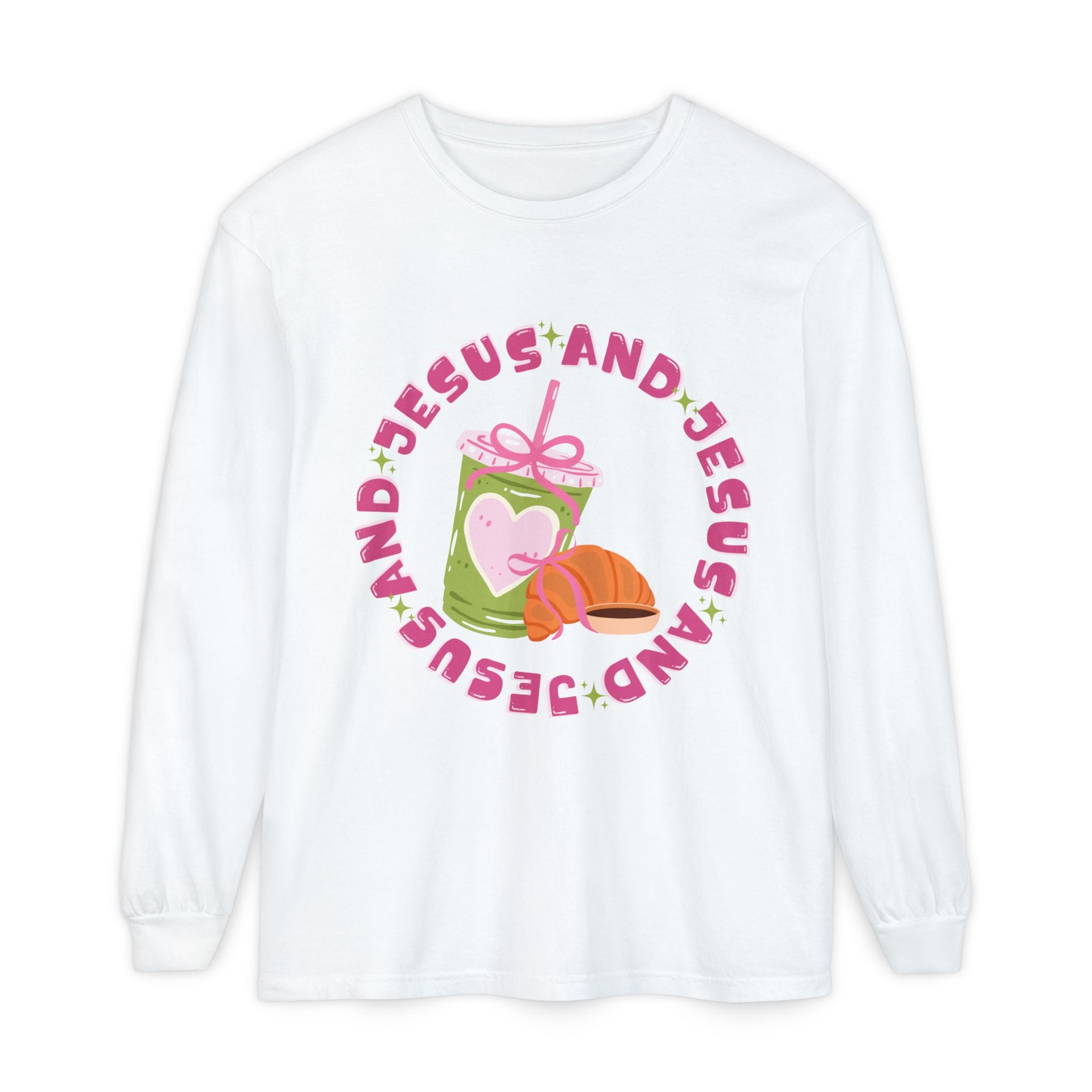 Jesus and Matcha Long Sleeve T-Shirt — Christian Graphic Tee with Cute Pastry Design