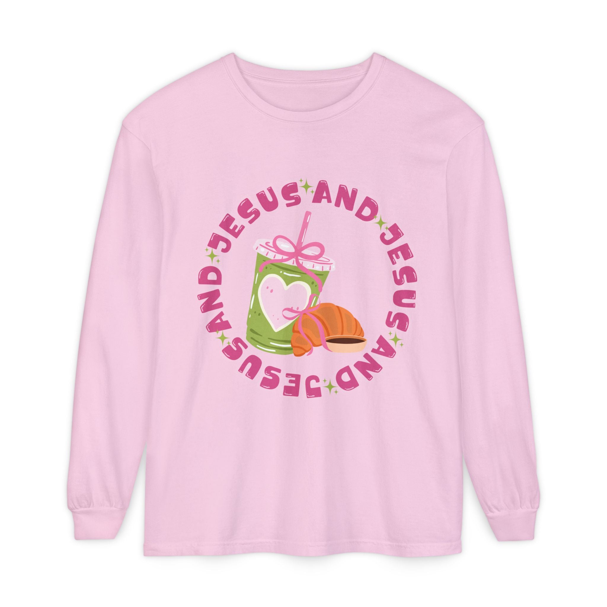 Jesus and Matcha Long Sleeve T-Shirt — Christian Graphic Tee with Cute Pastry Design
