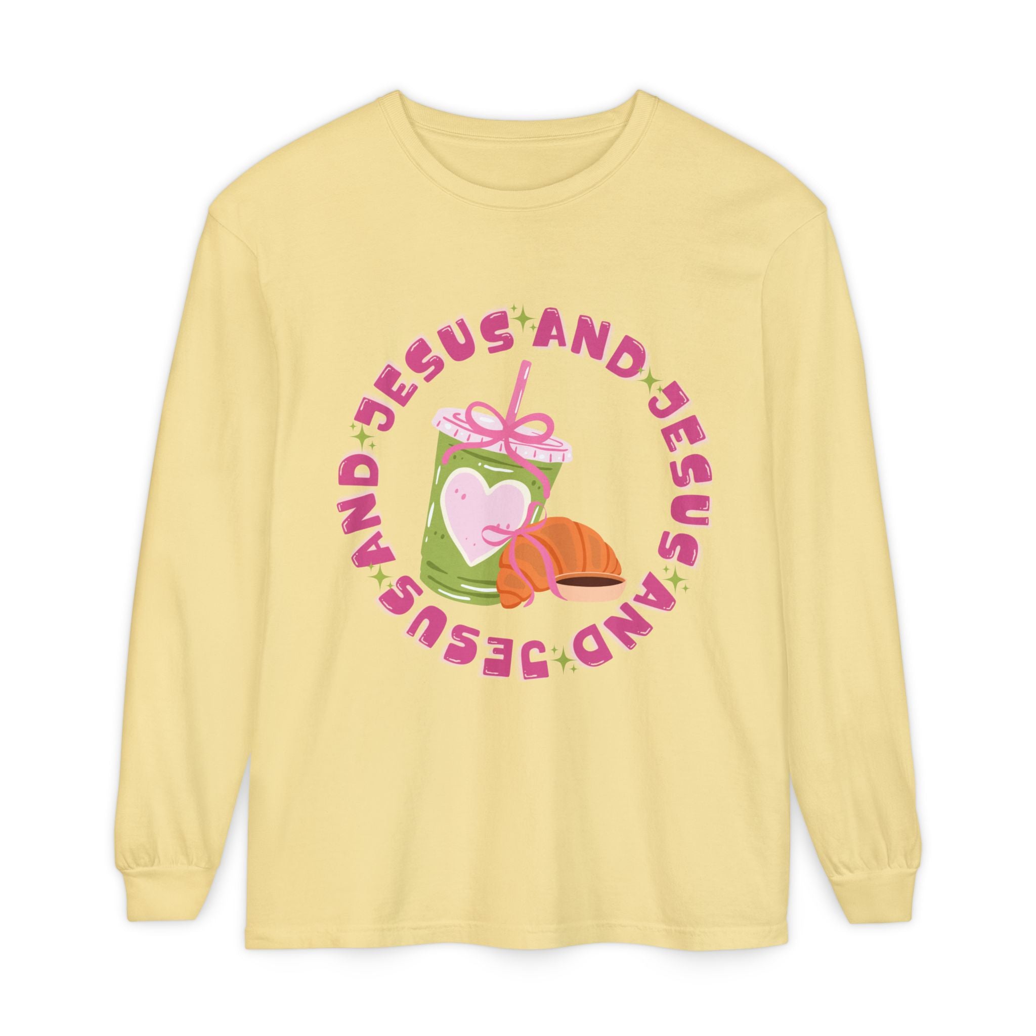 Jesus and Matcha Long Sleeve T-Shirt — Christian Graphic Tee with Cute Pastry Design