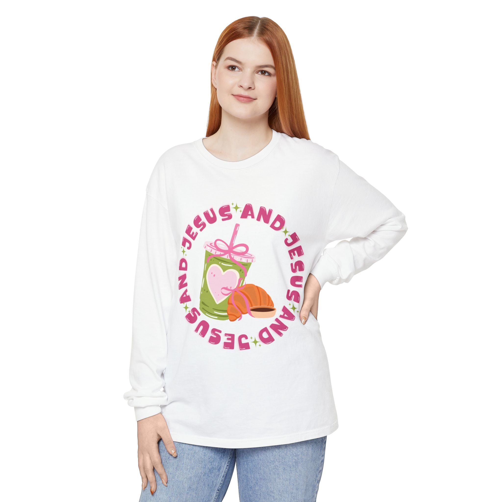 Jesus and Matcha Long Sleeve T-Shirt — Christian Graphic Tee with Cute Pastry Design