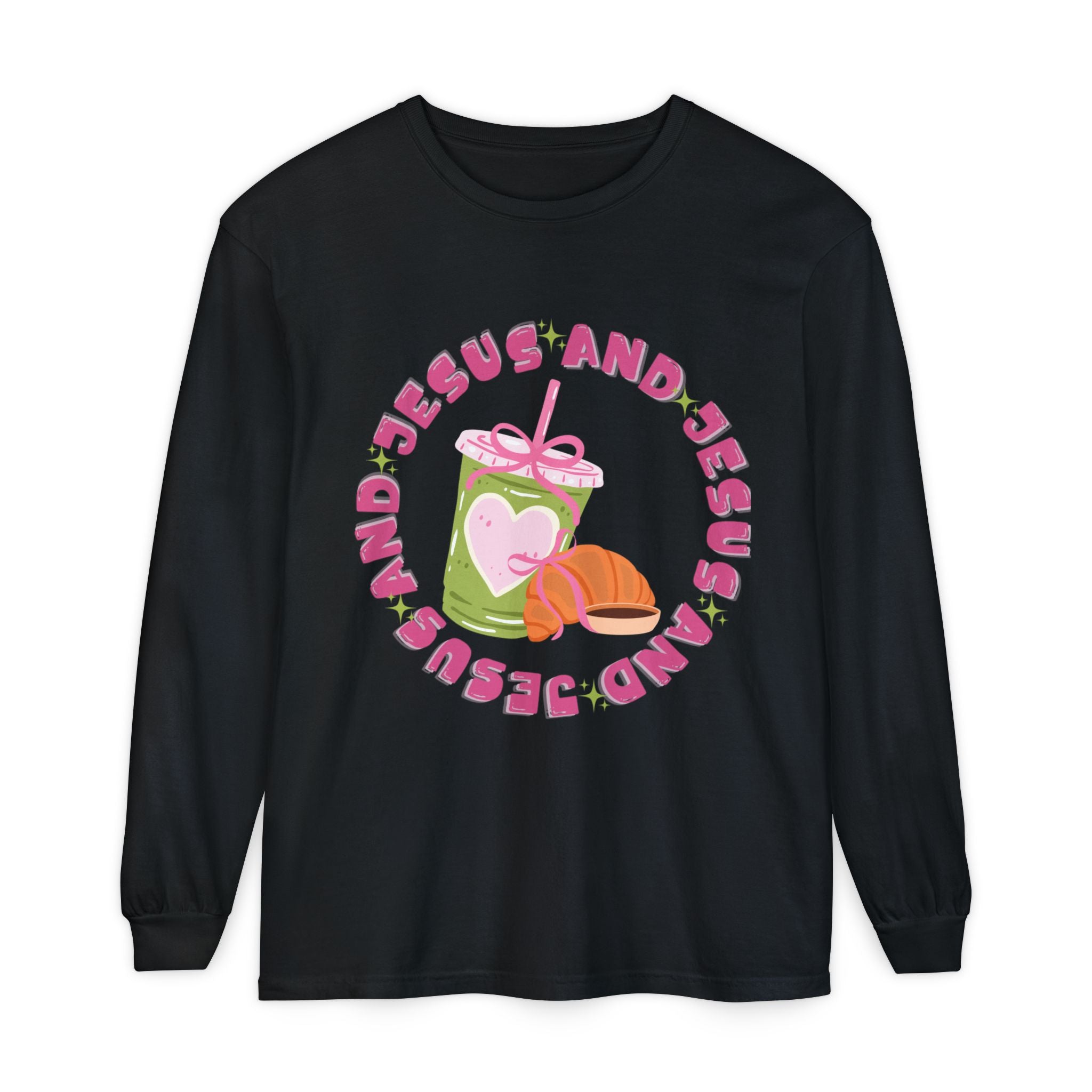 Jesus and Matcha Long Sleeve T-Shirt — Christian Graphic Tee with Cute Pastry Design