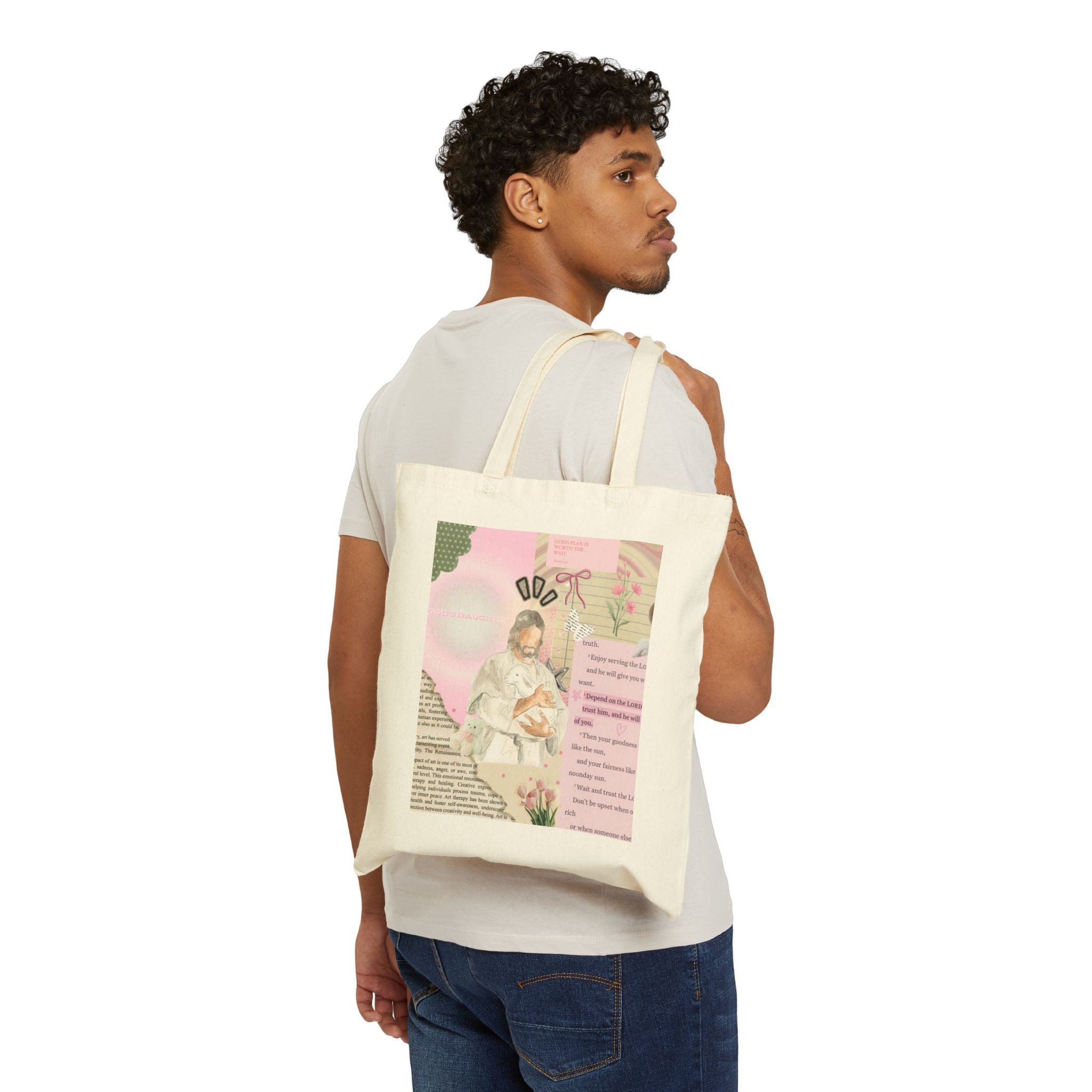 Religious Prayer Tote Bag — Pink Vintage Jesus Collage Canvas