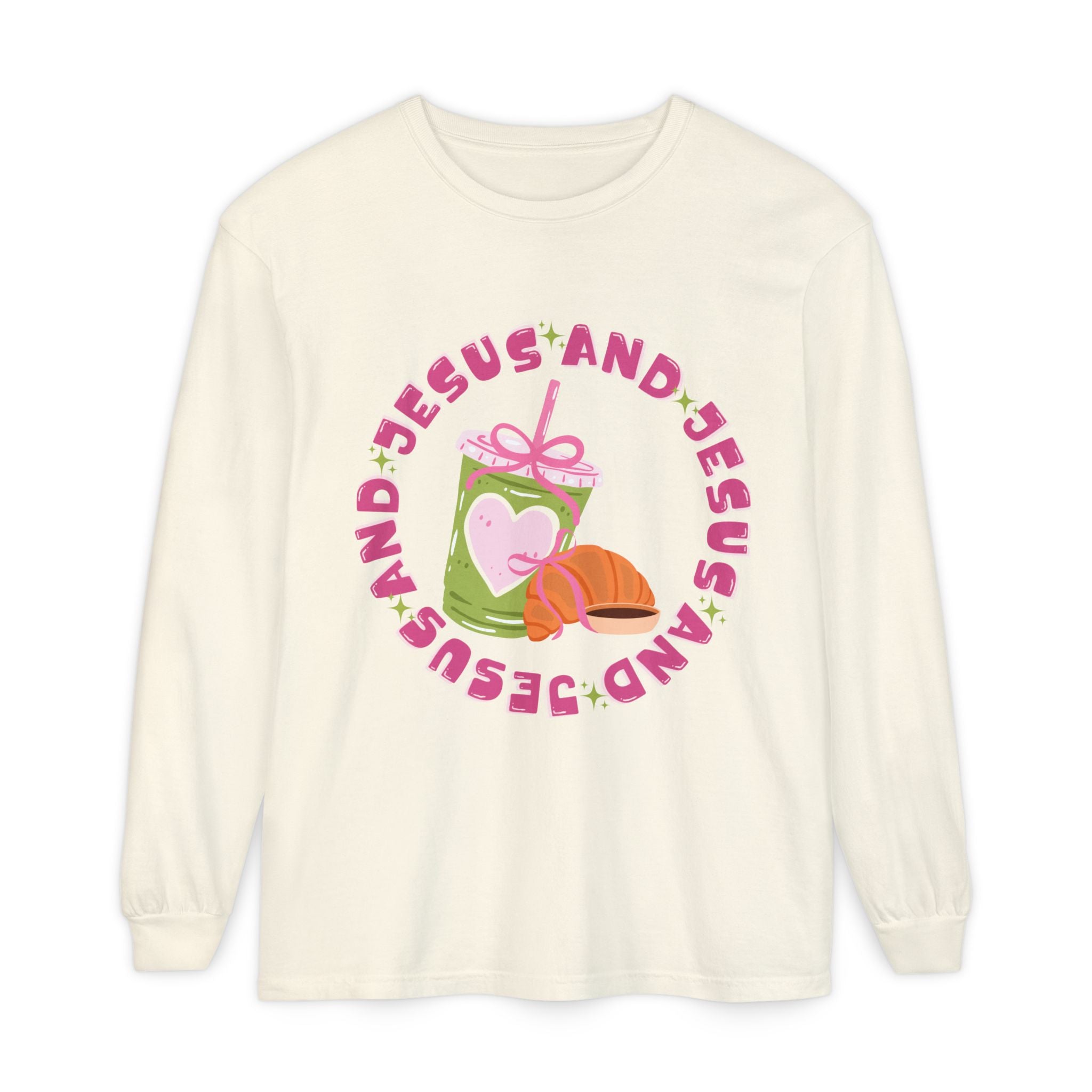 Jesus and Matcha Long Sleeve T-Shirt — Christian Graphic Tee with Cute Pastry Design
