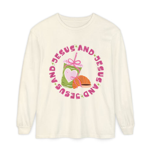 Jesus and Matcha Long Sleeve T-Shirt — Christian Graphic Tee with Cute Pastry Design